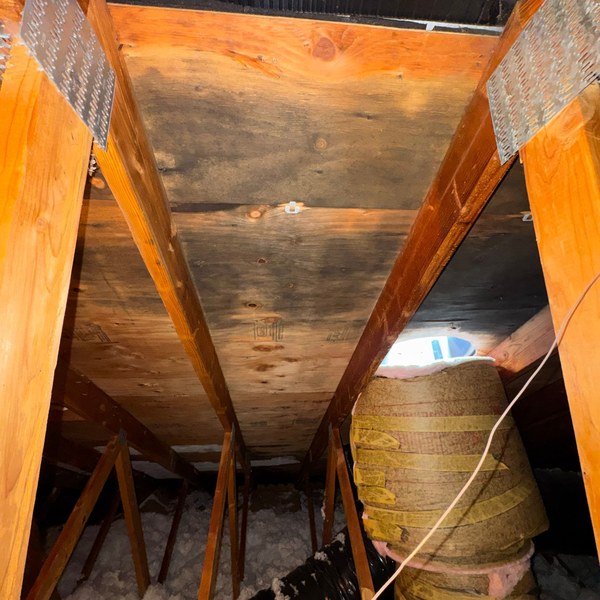 Inside an attic looking up at roof rafters and sheathing, with insulation and a duct running below