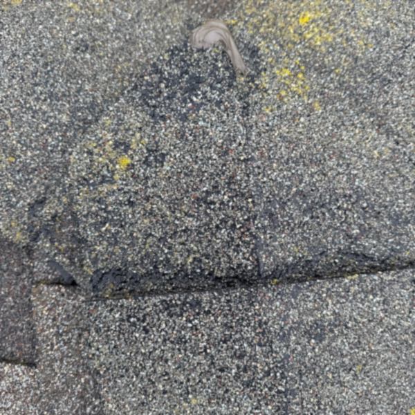 Close up of an asphalt shingle with a dark bare patch where the protective granules have worn away, and a split along the tab